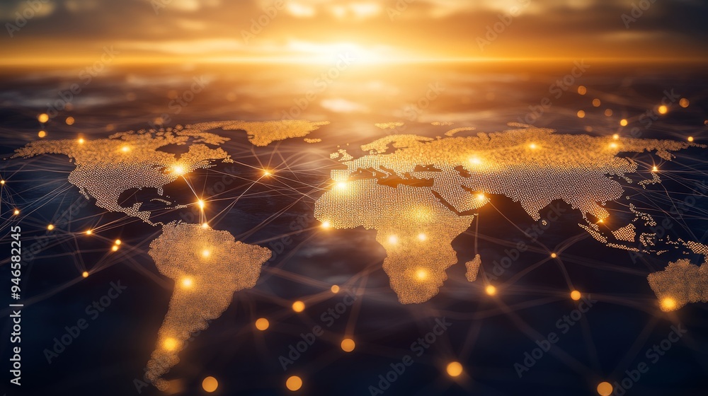 Poster abstract global network concept with glowing connections over the earth, highlighting interconnected