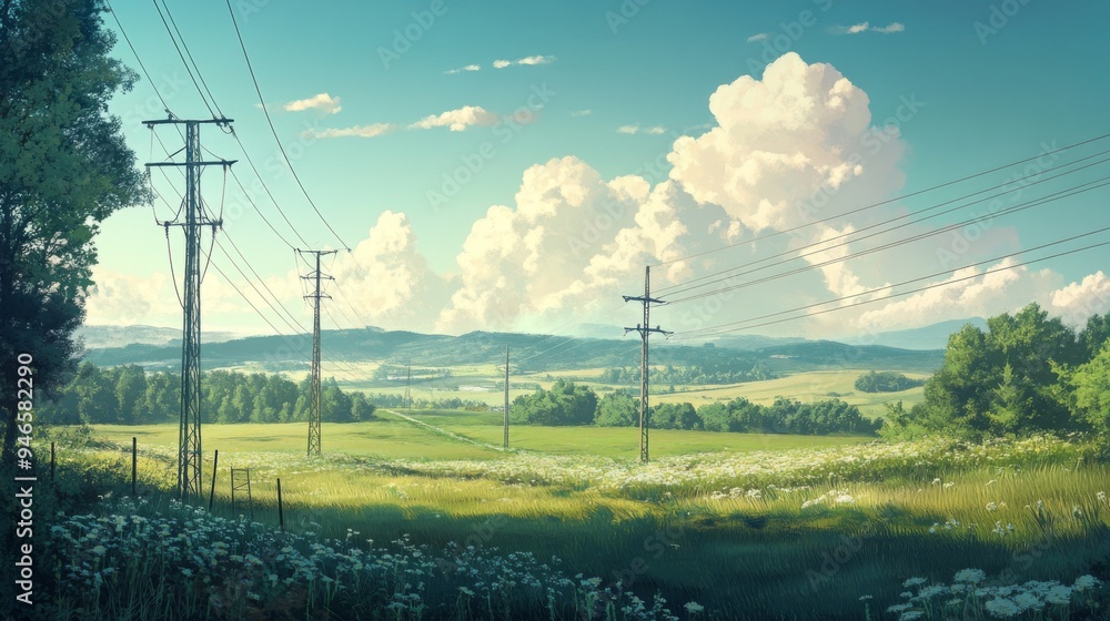 Poster a power line crossing through a rural landscape with electric poles stretching into the distance, ca