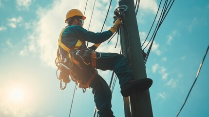 A power line maintenance worker on an electric pole, wearing safety gear and performing repairs, capturing the human element in maintaining infrastructure.