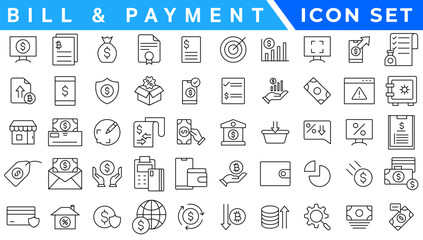 Bill And Payment line web icons. Money and Coins. Cash, Credit Cards, Money Bag, Containing banking, Investment, income, accounting, money, Finance. Editable stroke.