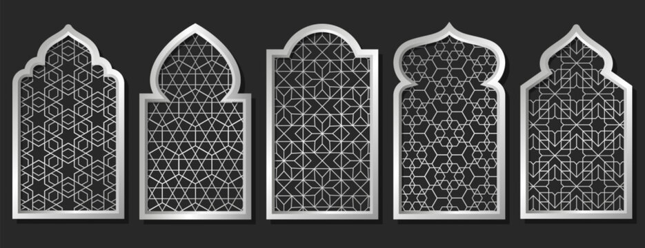 Arabian mosque window, arabic door with arabesque ornament shapes. Old islamic frames, arches with metal geometric motif pattern. Muslim palace architecture borders, gates with mashrabiya silver panel