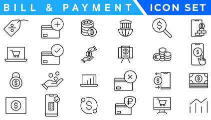 Bill And Payment line web icons. Money and Coins. Cash, Credit Cards, Money Bag, Containing banking, Investment, income, accounting, money, Finance. Editable stroke.