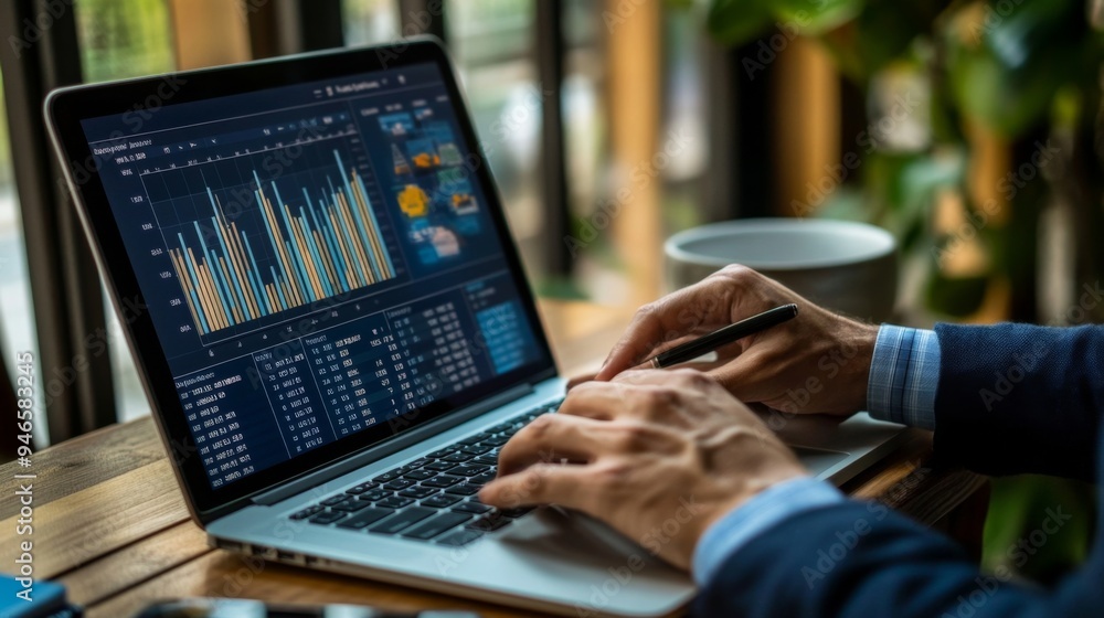Poster a professional analyzing financial charts on a laptop, with various graphs and data points displayed