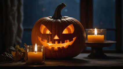 Pumpkin with Carved Smile and Candle