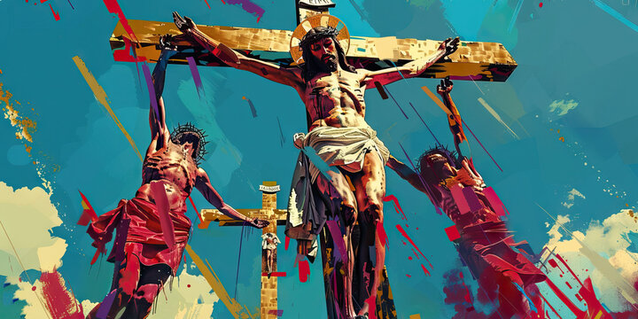 A bold, abstract expressionist piece focusing on Jesus' crucifixion and resurrection, using striking hues of crimson, gold, and blue.