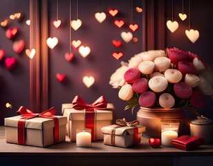 Valentines day dinner with table place setting with red gift, glass for champagne, heart ornaments with silverware on white background. Close up. Valentine's 