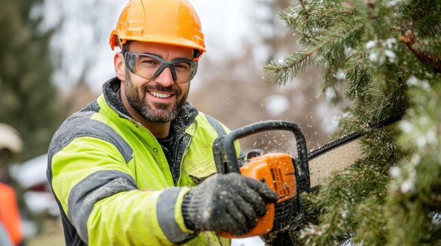 A happy man in protective gear and a reflective jacket uses a chainsaw to trim a tree, with sawdust flying around him as he works on a sunny day. - Powered by Adobe