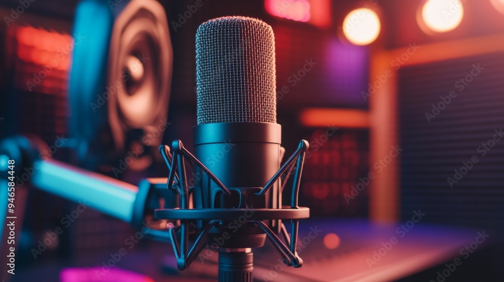 Poster a professional-grade microphone with a mesh grille and shock mount, displayed on a desk with studio 