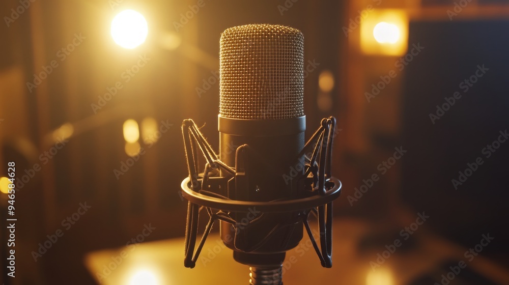 Poster a professional-grade microphone with a mesh grille and shock mount, displayed on a desk with studio 
