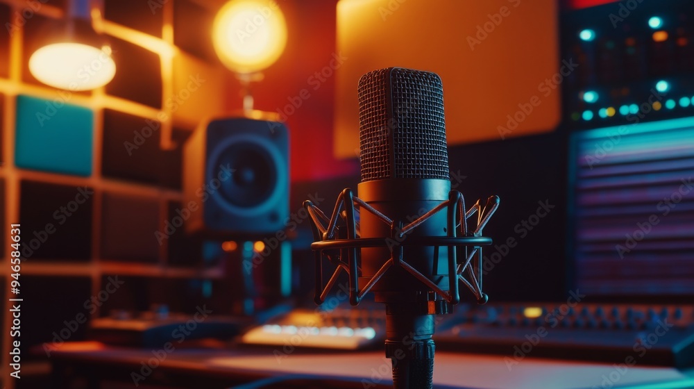 Poster a professional-grade microphone with a mesh grille and shock mount, displayed on a desk with studio 