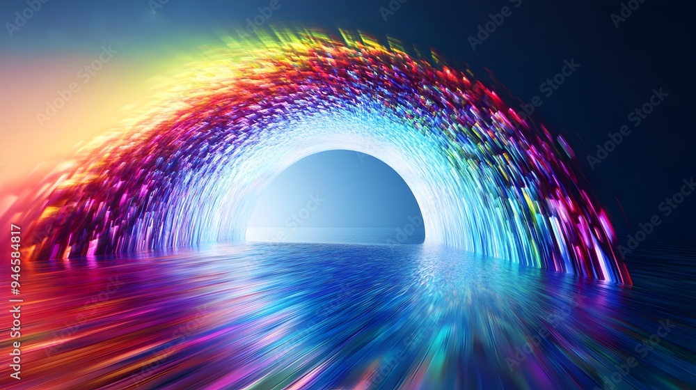 Poster conceptual abstract image of a rainbow arch warping and bending around an unseen object creating a d