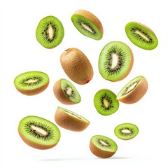 Fototapeta premium Fresh Kiwi Fruit Slices Falling on White Background.