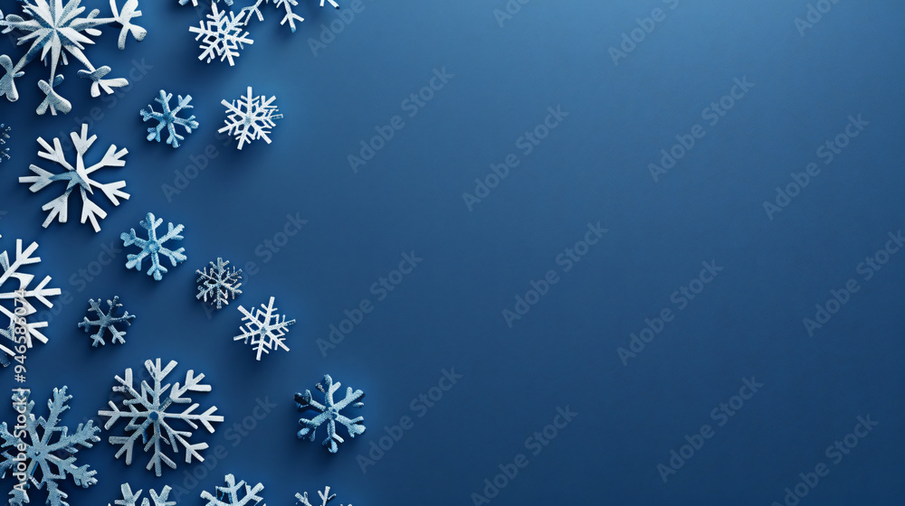 Poster snowflakes creating a festive border on a blue background with space for text