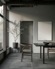 Minimalist Dining Room with a Plant and a Blank Canvas
