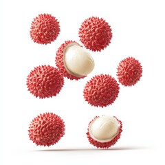 Lychee Fruit Falling in the Air Isolated on White Background.