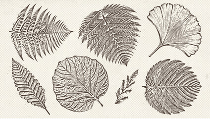 Graphic prehistoric plants drawn on vintage pater in engraving technique. Fossils prehistoric botanicals. Vector illustrations set. © LanaSham