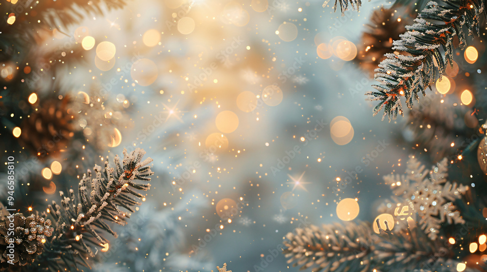 Poster festive holiday atmosphere with snow-covered christmas tree branches and sparkling bokeh background