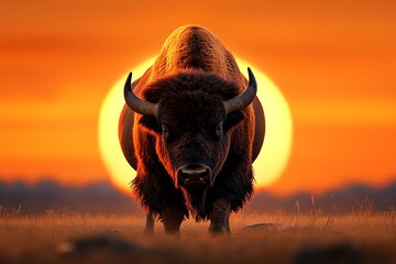Bison against the backdrop of a setting sun, illustrated with warm, glowing colors that evoke the beauty and serenity of the end of the day