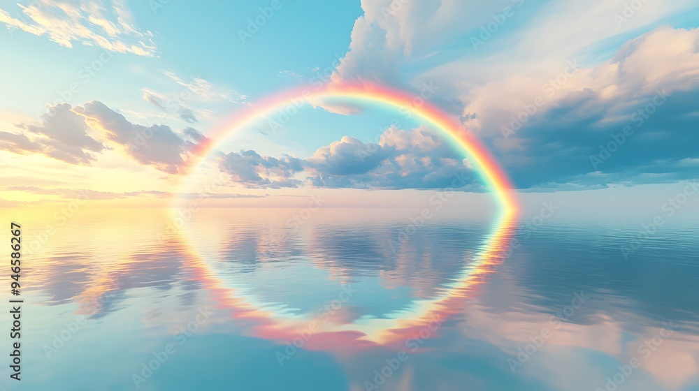 Poster conceptual image of a vibrant rainbow reflection creating a mirrored double on the calm serene surfa