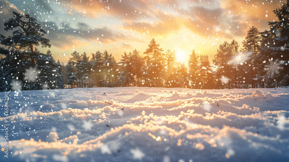 Aufkleber snow gently falls on a peaceful forest at sunset in winter, creating a magical scene of frost-covere