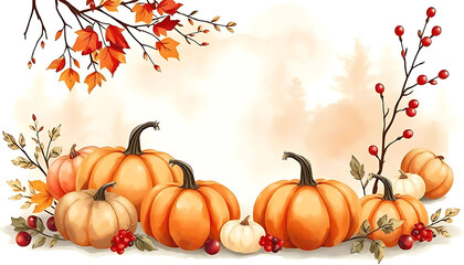Naklejka premium Illustration of pumpkins, maple leafs. It is autumn. It is Thanksgiving day