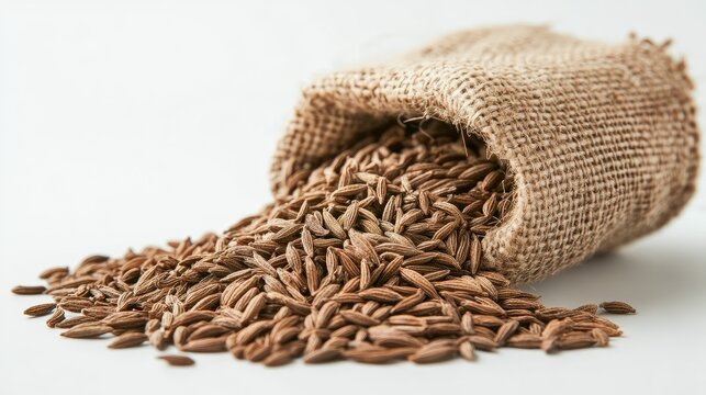 Close-up of cumin seeds scattered from a burlap sack onto a white surface, highlighting their texture, no people.