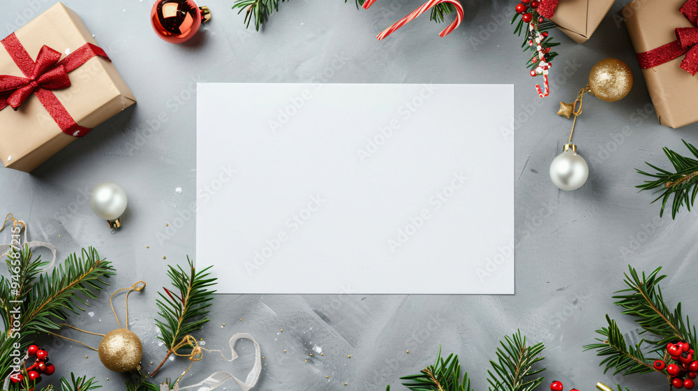 Aufkleber christmas background with fir branches, gifts and blank paper for greeting text on a concrete backgr
