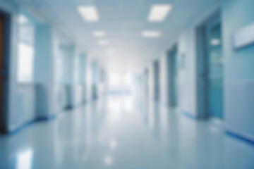 blurred of background. interior of a modern hospital with an empty long corridor. waiting room for patients and families between the corridor with bright white lights. treatment rooms and patient room