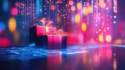 Gifts on digital platform, ecommerce concept, online shopping deals, sales promotions, presents with bows, cyber event, technology and retail interaction