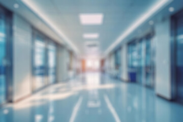 blurred of background. interior of a modern hospital with an empty long corridor. waiting room for...