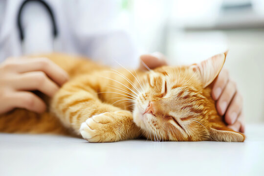 A veterinary doctor examining a content ginger tabby cat, AI generated