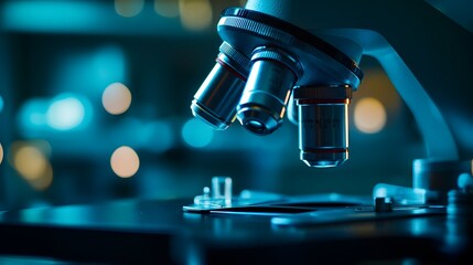 Close-up of a microscope in a laboratory, macro photography concept with copy space for a medical or scientific research background.