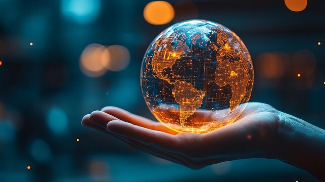 Illustration of a hand holding a holographic globe with emerging ideas, new idea, global innovation and vision
