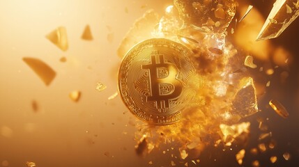 Shattering golden Bitcoin coin explosion, cryptocurrency market volatility, blockchain technology, and digital asset concept