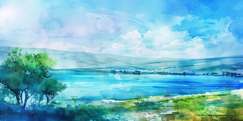 A soothing watercolor landscape of Jesus at the Sea of Galilee, with gentle shades of blue and green.