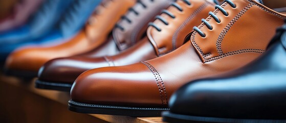Luxurious leather dress shoes arranged in a row, highlighting their craftsmanship and premium quality in a highend boutique setting, with room for text
