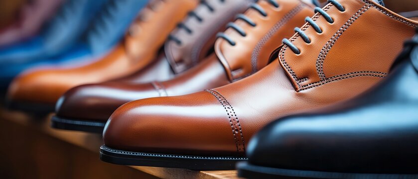 Luxurious leather dress shoes arranged in a row, highlighting their craftsmanship and premium quality in a highend boutique setting, with room for text