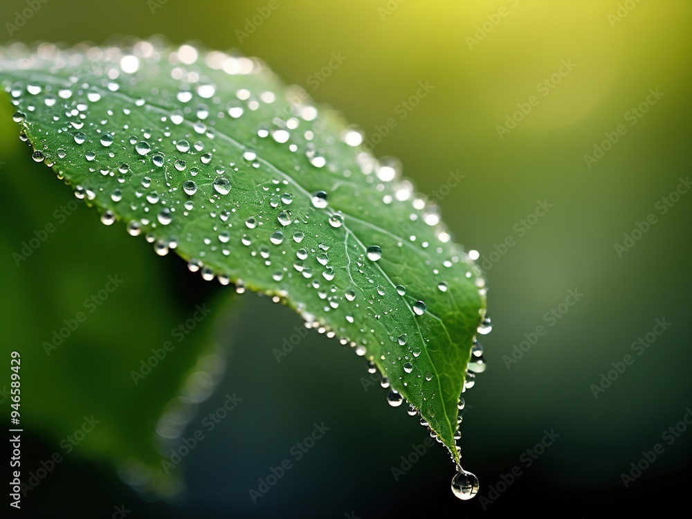 Wall mural dew drops on a green leaf with a blurred background.