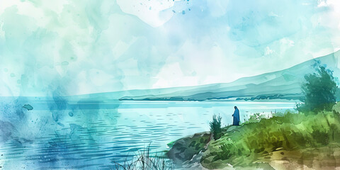 A soothing watercolor landscape of Jesus at the Sea of Galilee, with gentle shades of blue and green.