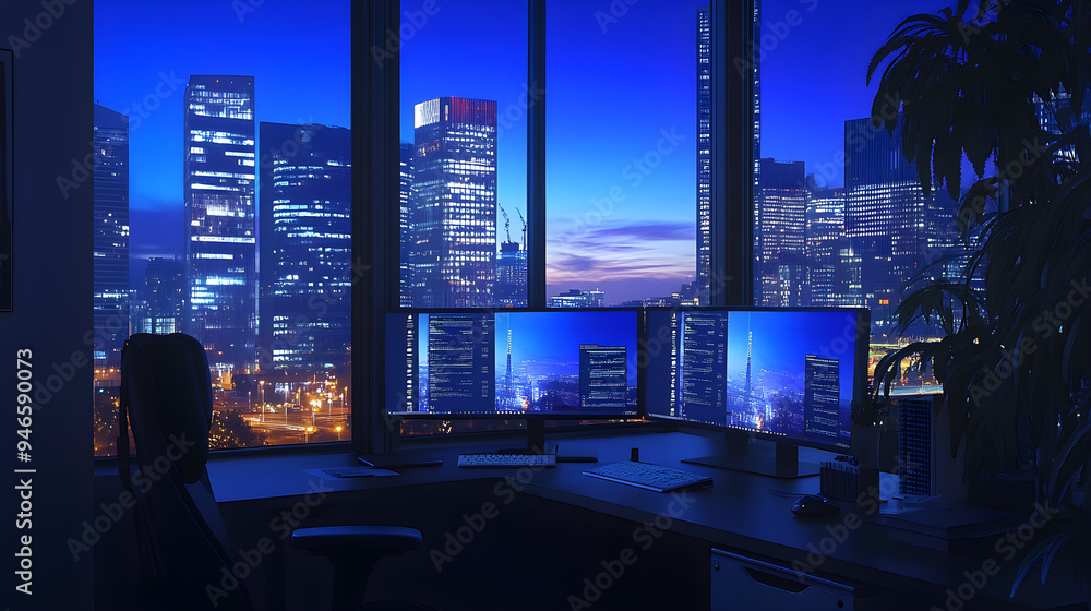 Poster stylish home office setup: a beautiful workspace with computer screen