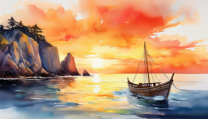 Watercolor painting of seascape of rock formation and boat at sunset. Ocean scenery. Blue water.