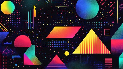 A colorful display of various geometric shapes creates a bold retro graphic with a blend of patterns on a dark canvas