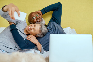 Mature, interracial couple and laptop with selfie in relax for photography, picture or moment on...