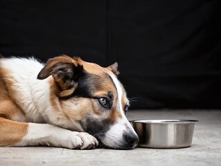Obraz premium A sad dog rests its head on the floor beside an empty food bowl in a dimly lit indoor space