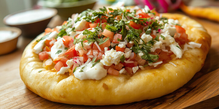Knuspriger Langos reich belegt: Frischer Lauch, geschmolzener K&auml;se, w&uuml;rzige Knoblauchso&szlig;e und saftige Tomaten. Ungarische Spezialit&auml;t als verlockender Snack. Streetfood Genuss
