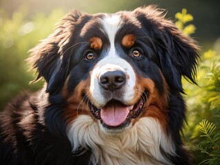 A happy Bernese Mountain Dog with a bright smile enjoys the warm sunlight in a lush green garden during autumn