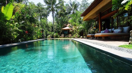 Obraz premium Bali, Indonesia offers an opulent tropical jungle villa resort with a magnificent swimming pool for a lavish holiday weekend getaway.