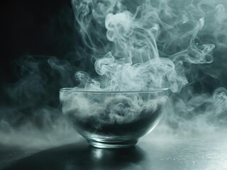 Wispy white smoke billows from a clear glass bowl, creating an ethereal and mysterious atmosphere. The smoke appears to be rising from the bowl, creating a swirling, abstract pattern.