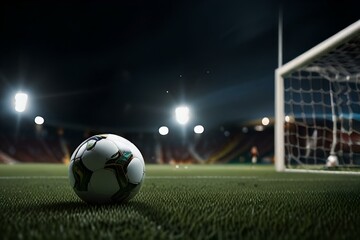 A football lying on the ground with a goal post in the background, symbolizing the anticipation and thrill of scoring. - Action and thrill in sports

