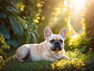 Fototapeta premium A relaxed French Bulldog enjoying a sunny afternoon in a lush garden filled with plants and greenery